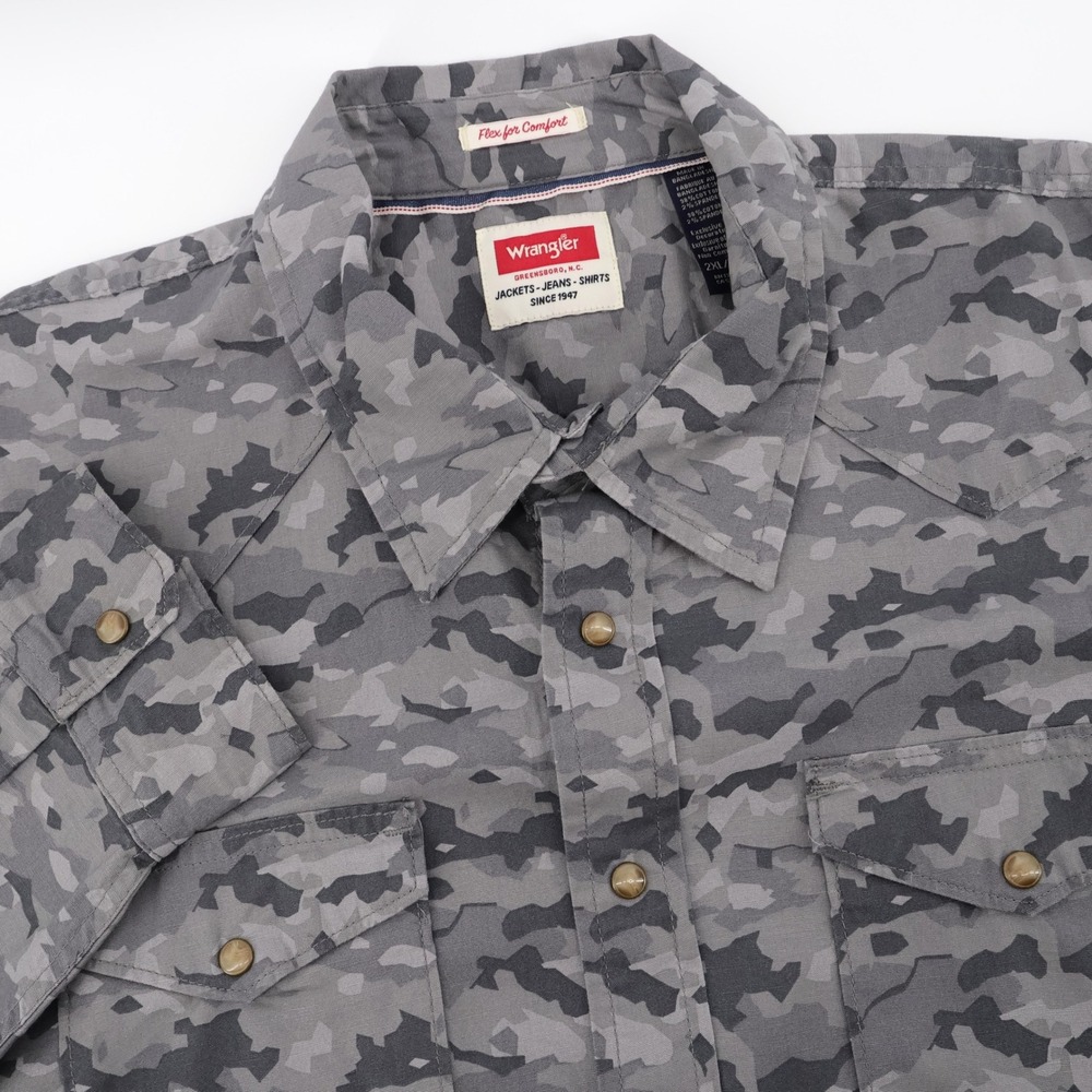 Wrangler Western Pearl Snap Shirt Camo Gray Long Sleeve Mens 2XL XXL
